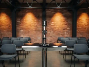 Podiumsmicrofoon in lege persconferentiezaal met bakstenen muren, stalen balken en warme amber spotlights.