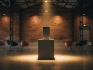 Product op minimalistisch voetstuk in industriële ruimte met bakstenen muren, stalen balken en warme schijnwerpers op betonnen vloer.