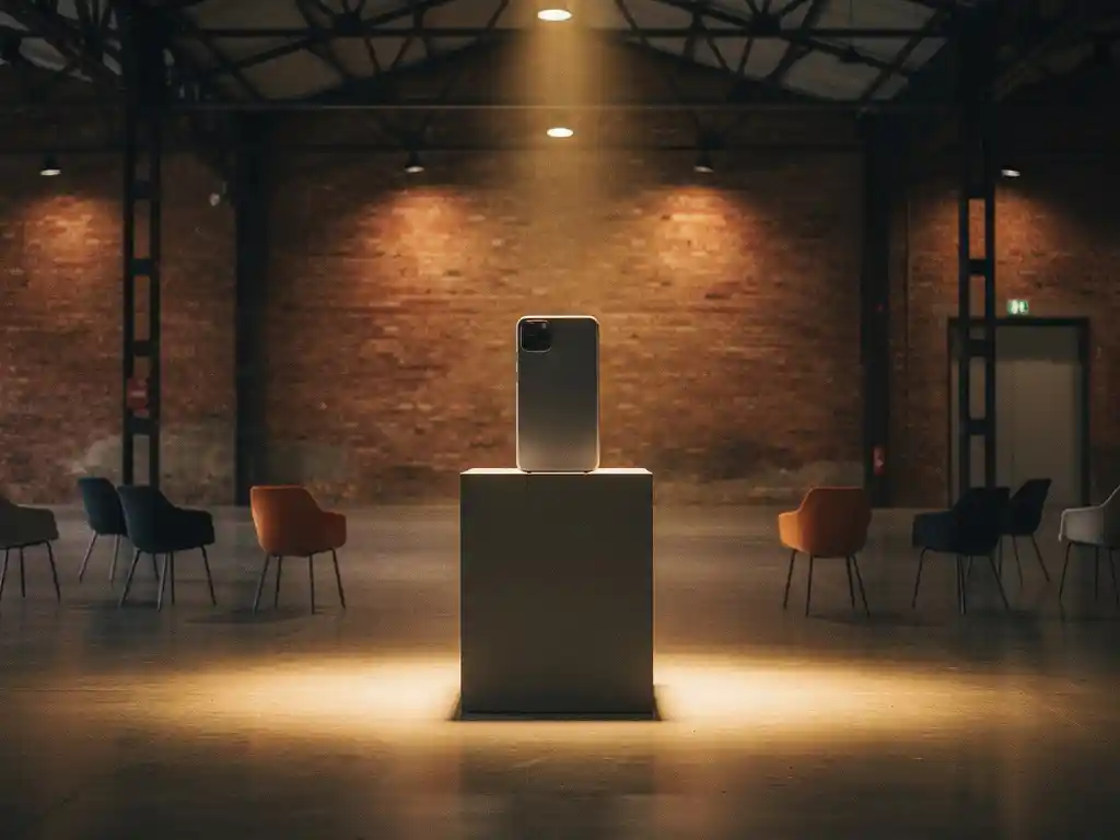 Product op minimalistisch voetstuk in industriële ruimte met bakstenen muren, stalen balken en warme schijnwerpers op betonnen vloer.