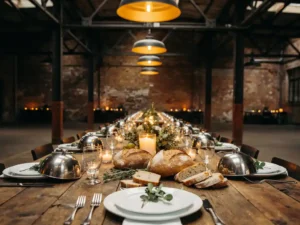 Rustieke houten banquettafel met witte borden, zilveren cloches en vers brood in een industrieel warehouse met kaarslicht.