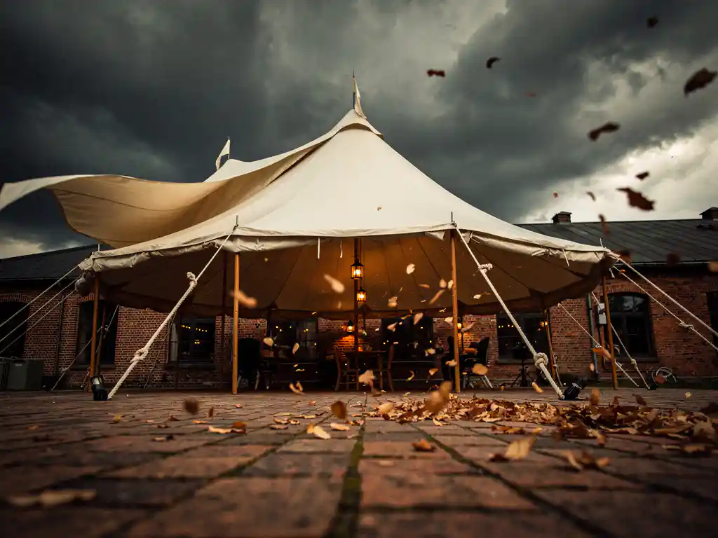 Ivoren evenemententent die opbolt in stormwind, verankerd met dikke touwen op een bakstenen buitenlocatie, dramatische onweerswolken en warm lantaarnlicht van binnenuit.