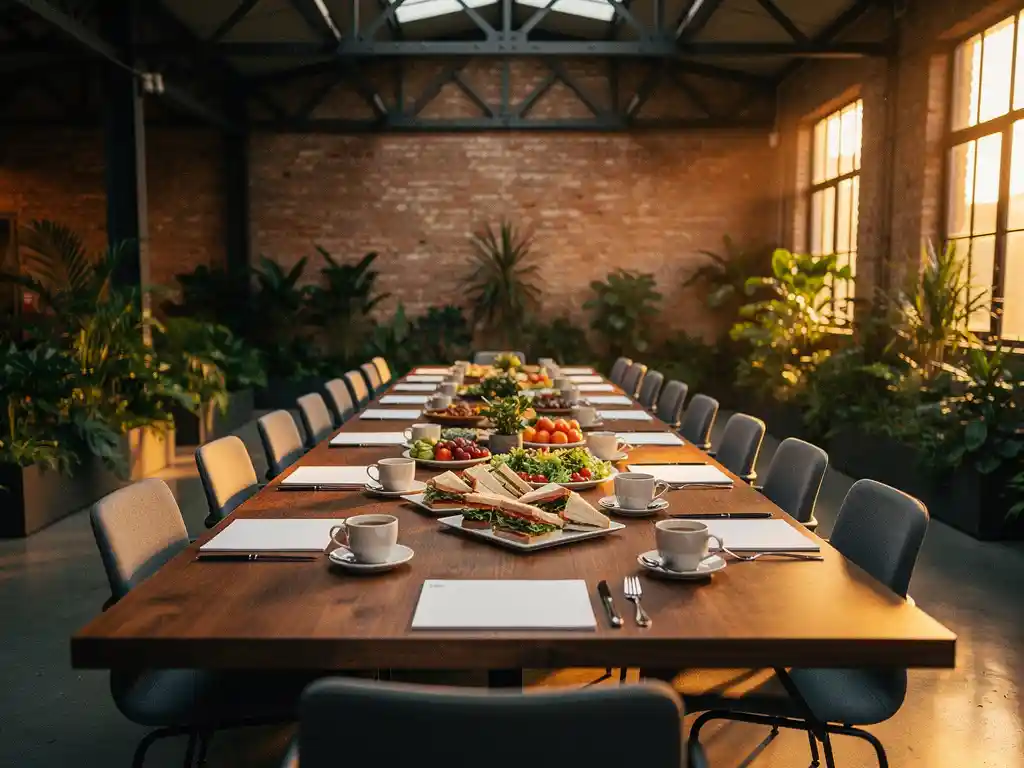 Vergadertafel met notitieblokken, koffiekopjes en lunchbuffet in industriële zaal met bakstenen muren en groene accenten.