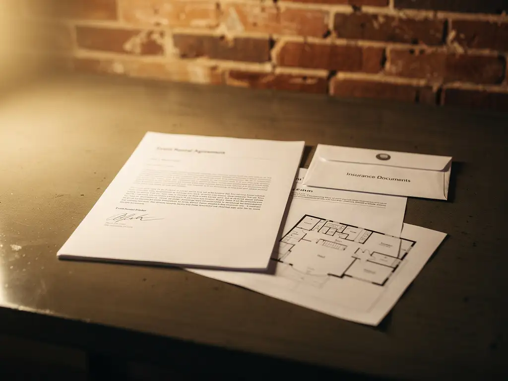 Ondertekend huurcontract voor evenementenlocatie naast verzekeringsdocument en plattegrond op betonnen bureau, warme industriële sfeer.