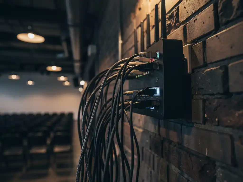 Professionele Wi-Fi router met ethernet kabels op bakstenen muur in industriële evenementenhal met warme sfeerverlichting.