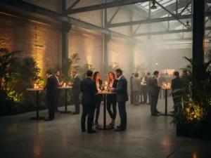 Professionals mingelen rond cocktailtafels met kaarslicht in een industriële evenementenhal met bakstenen muren en stalen balken.