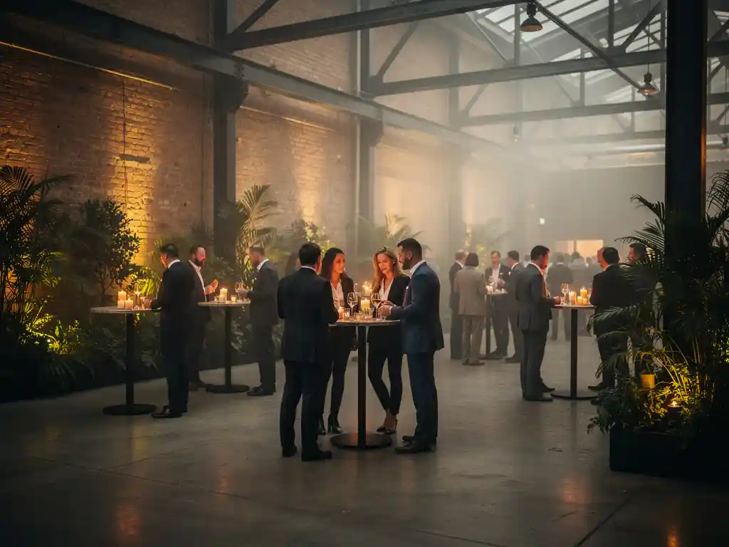 Professionals mingelen rond cocktailtafels met kaarslicht in een industriële evenementenhal met bakstenen muren en stalen balken.
