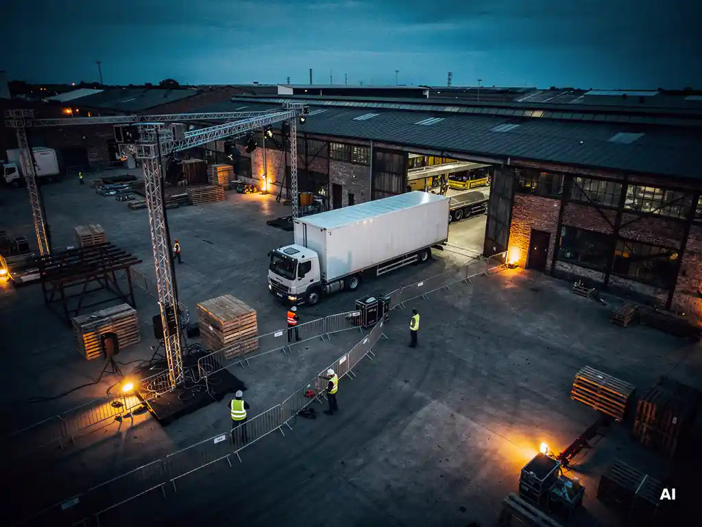 Luchtfoto van industrieel evenemententerrein bij schemering, met vrachtwagen, stagebouw en dranghekkens in opbouw.