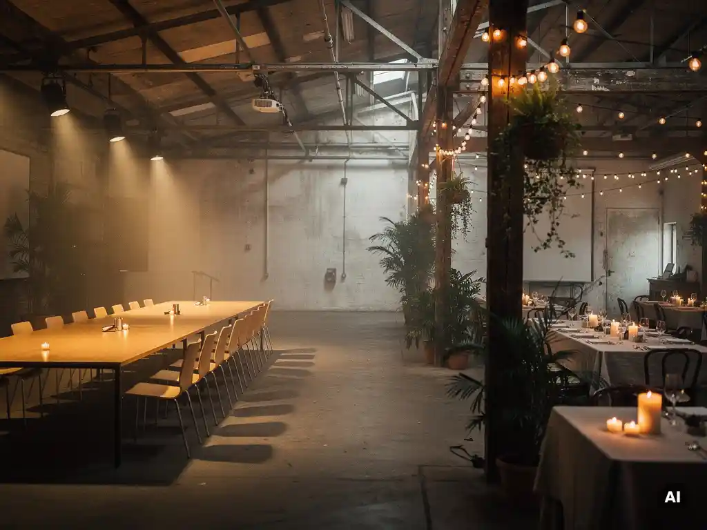 Industriële evenementenhal met houten tafels voor vergadering aan één kant en feestelijke candlelight-opstelling met slingerverlichting aan de andere.